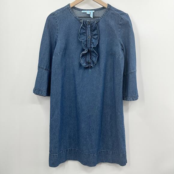 Draper James Chambray Ruffle Shift Dress in Medium Wash Size 8 - Picture 2 of 11